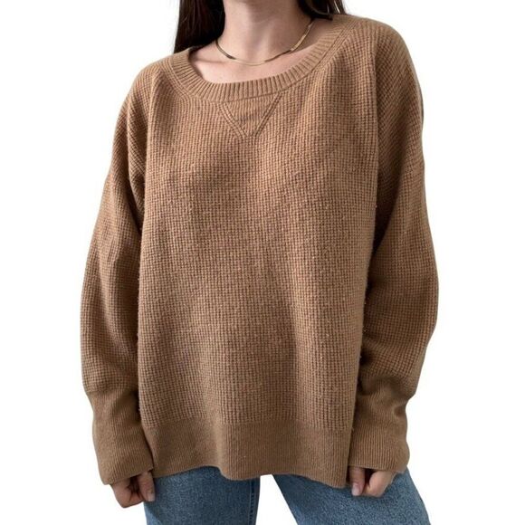 J Crew Womens Waffle Knit 100% Cashmere Tan Brown Crew Neck Sweater Size 2X - Picture 1 of 8